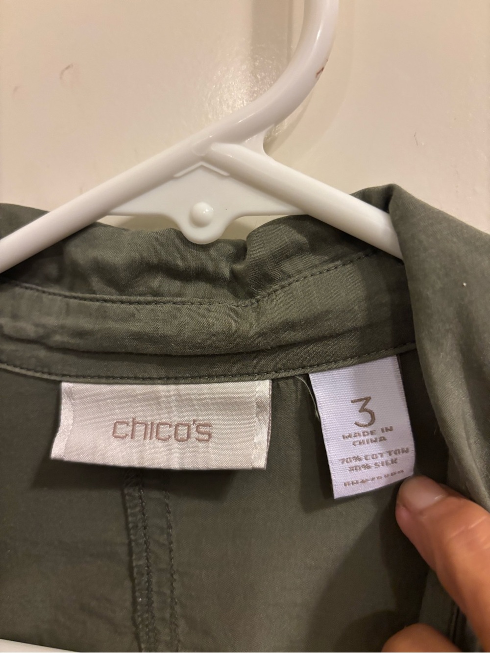 Chico’s Size 3 Olive Green Cotton Silk Utility Shirt Roll Tab Safari Tunic